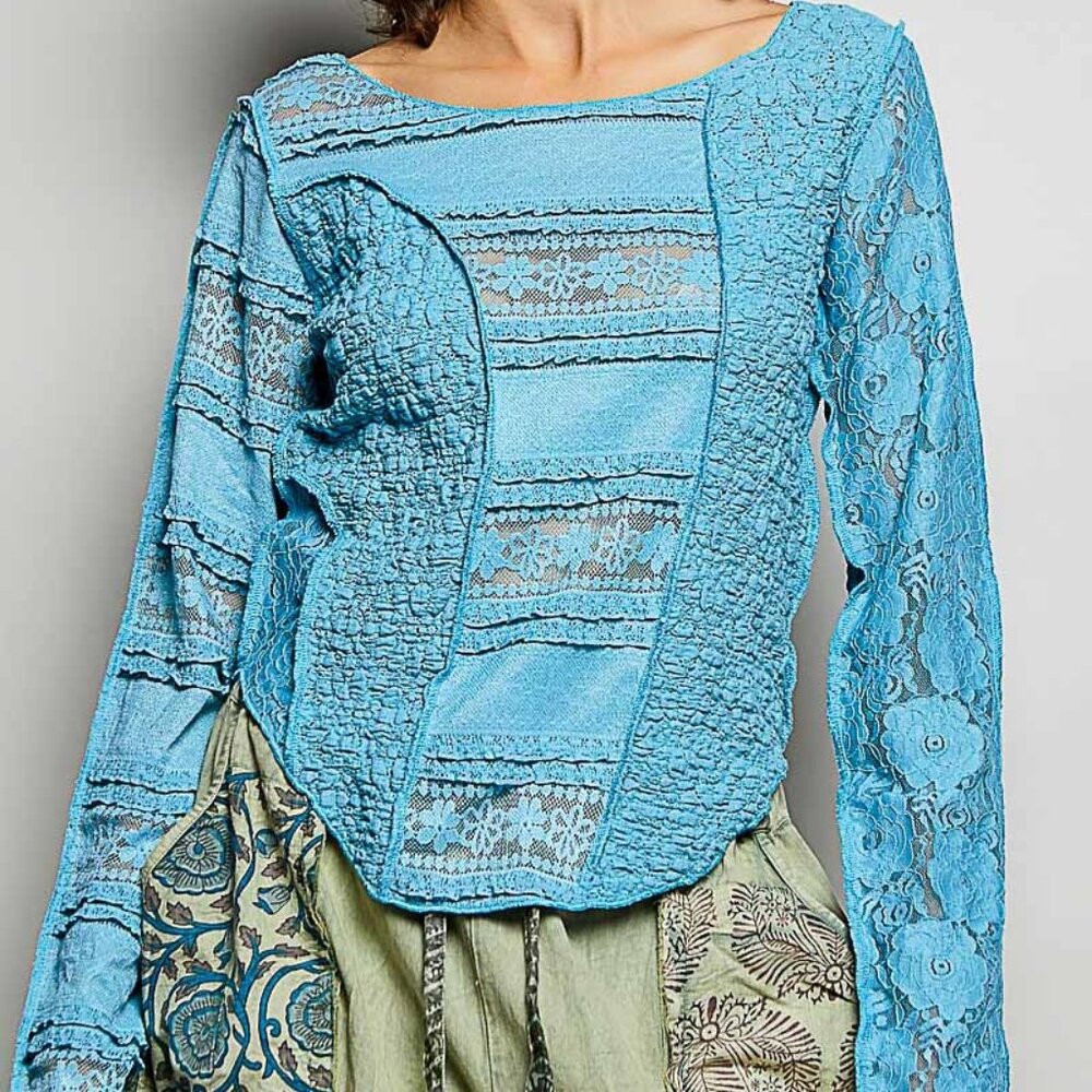 NWT POL Round Neck Long Sleeve Exposed Seam Top with Lace Detail - Picture 4 of 4